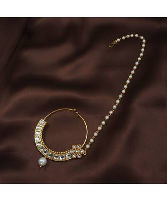 Traditional Ethnic Bridal Nose Ring Nath without piercing with Pearl Chain Encased with Pearl   1