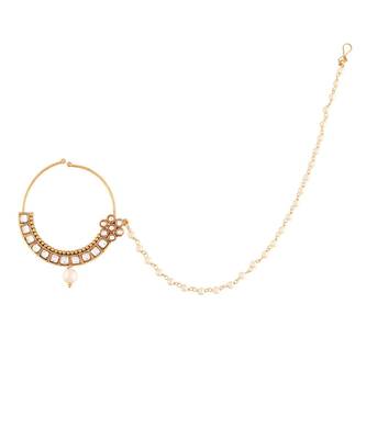 Traditional Ethnic Bridal Nose Ring Nath without piercing with Pearl Chain Encased with Pearl   2