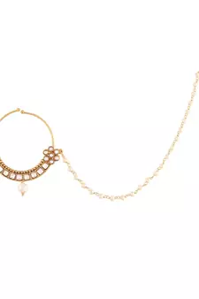 Traditional Ethnic Bridal Nose Ring Nath without piercing with Pearl Chain Encased with Pearl  