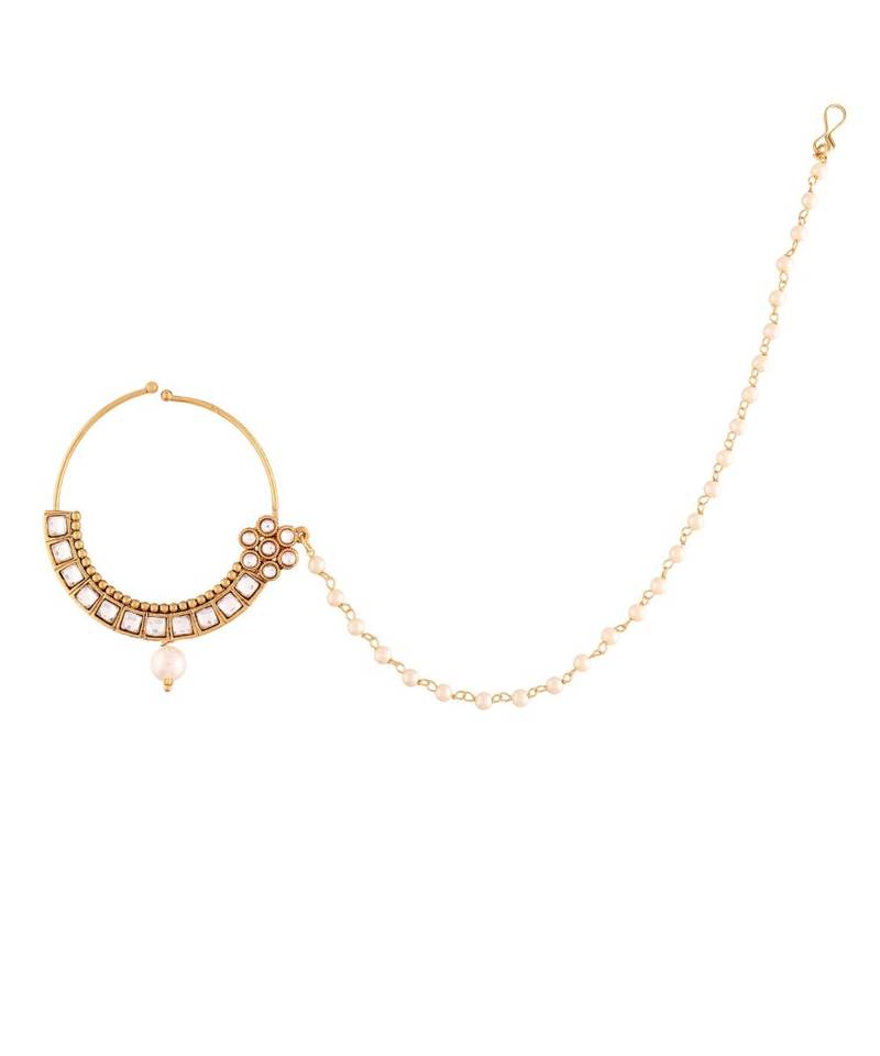 Traditional Ethnic Bridal Nose Ring Nath without piercing with Pearl Chain Encased with Pearl  