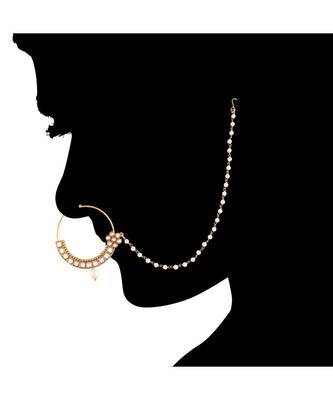 Traditional Ethnic Bridal Nose Ring Nath without piercing with Pearl Chain Encased with Pearl   3
