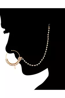 Traditional Ethnic Bridal Nose Ring Nath without piercing with Pearl Chain Encased with Pearl  