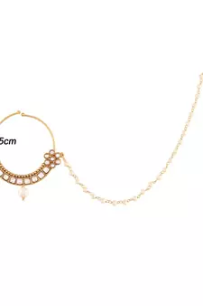 Traditional Ethnic Bridal Nose Ring Nath without piercing with Pearl Chain Encased with Pearl  
