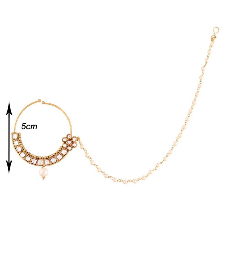 Traditional Ethnic Bridal Nose Ring Nath without piercing with Pearl Chain Encased with Pearl  