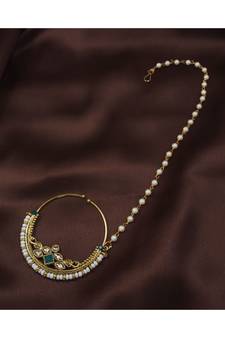 Traditional Ethnic Bridal Nose Ring Nath without piercing with Pearl Chain Encased with Pearl  (NL38G)