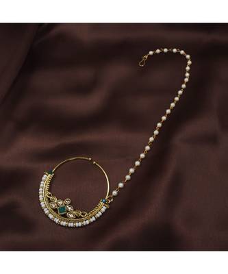 Traditional Ethnic Bridal Nose Ring Nath without piercing with Pearl Chain Encased with Pearl  (NL38G) 1