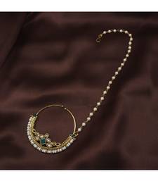 Traditional Ethnic Bridal Nose Ring Nath without piercing with Pearl Chain Encased with Pearl  (NL38G)