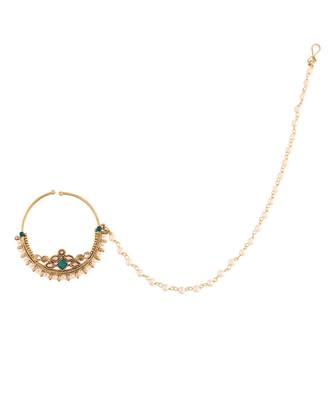 Traditional Ethnic Bridal Nose Ring Nath without piercing with Pearl Chain Encased with Pearl  (NL38G) 2