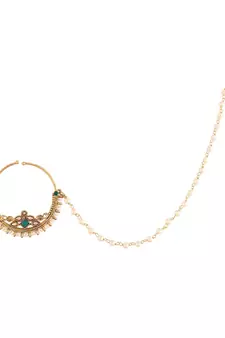 Traditional Ethnic Bridal Nose Ring Nath without piercing with Pearl Chain Encased with Pearl  (NL38G)