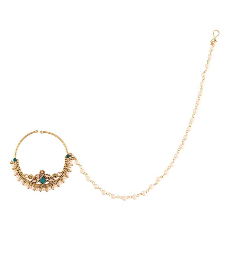 Traditional Ethnic Bridal Nose Ring Nath without piercing with Pearl Chain Encased with Pearl  (NL38G)
