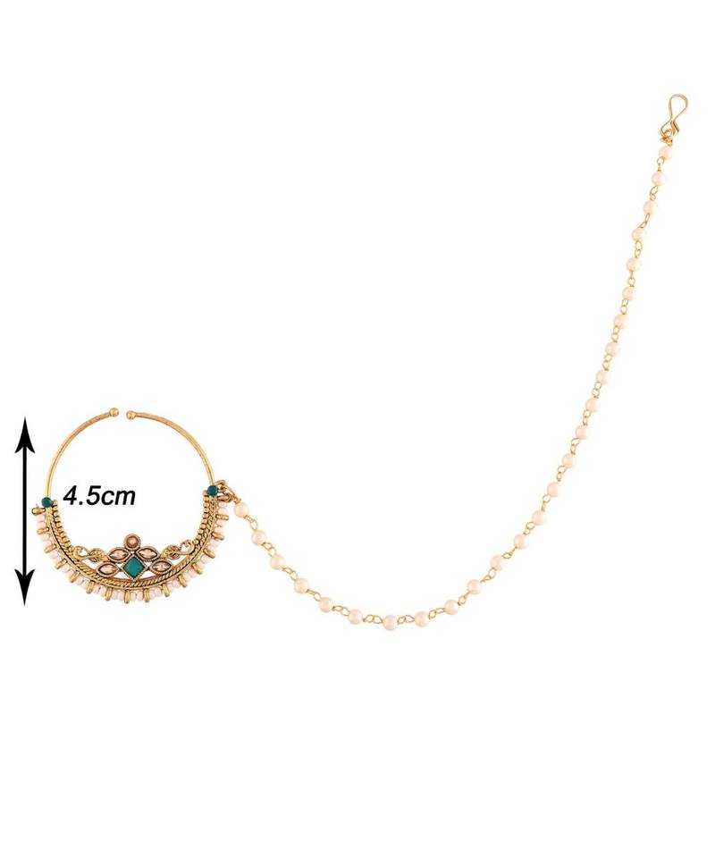 Traditional Ethnic Bridal Nose Ring Nath without piercing with Pearl Chain Encased with Pearl  (NL38G)