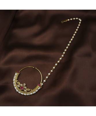 Traditional Ethnic Bridal Nose Ring Nath without piercing with Pearl Chain Encased with Pearl   1