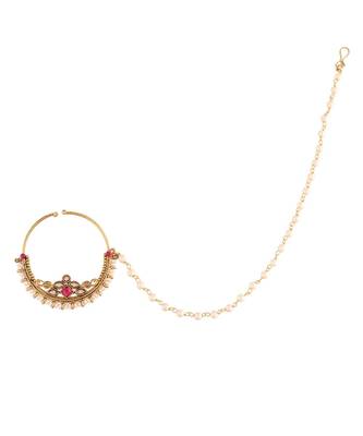 Traditional Ethnic Bridal Nose Ring Nath without piercing with Pearl Chain Encased with Pearl   2