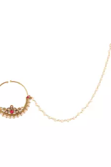 Traditional Ethnic Bridal Nose Ring Nath without piercing with Pearl Chain Encased with Pearl  
