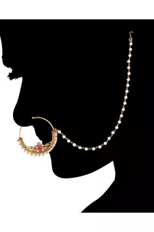 Traditional Ethnic Bridal Nose Ring Nath without piercing with Pearl Chain Encased with Pearl  