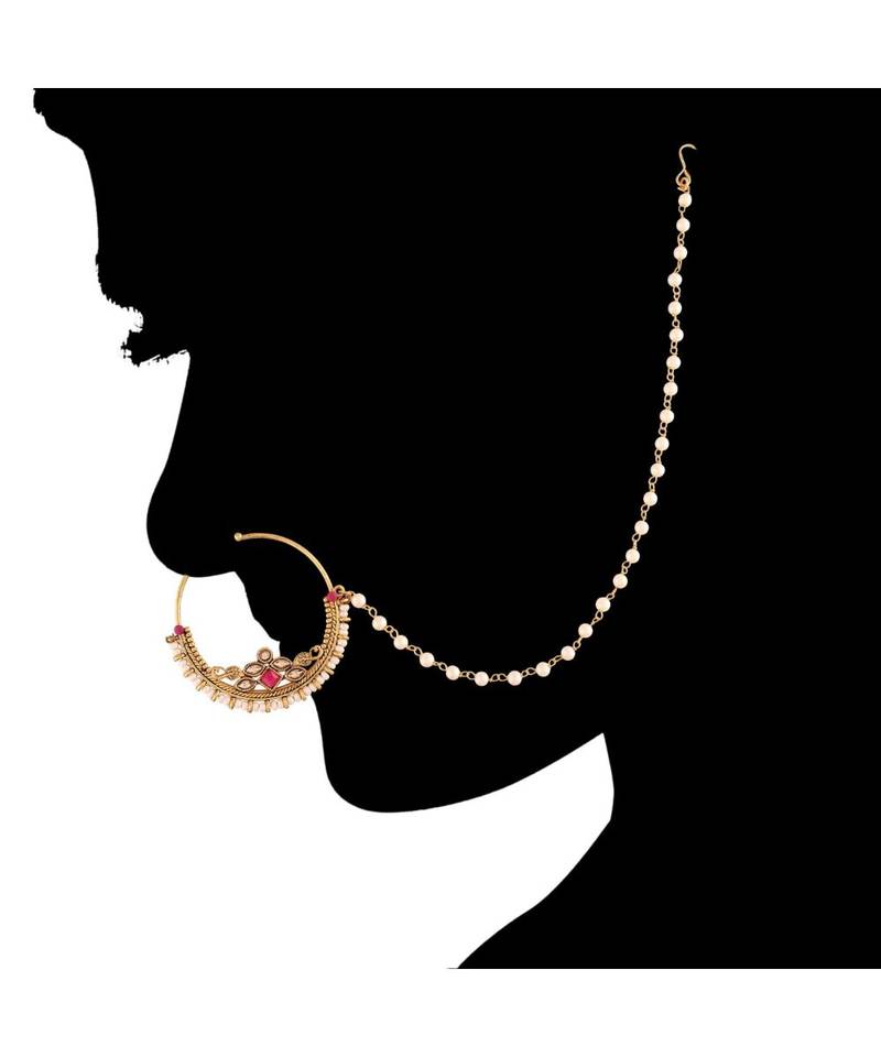 Traditional Ethnic Bridal Nose Ring Nath without piercing with Pearl Chain Encased with Pearl  