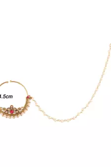 Traditional Ethnic Bridal Nose Ring Nath without piercing with Pearl Chain Encased with Pearl  