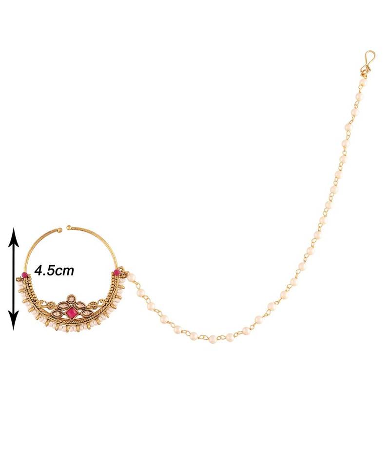 Traditional Ethnic Bridal Nose Ring Nath without piercing with Pearl Chain Encased with Pearl  