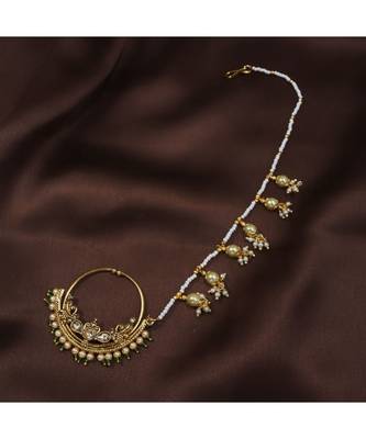 Traditional Ethnic Bridal Nose Ring Nath without piercing with Pearl Chain Encased with Pearl   1