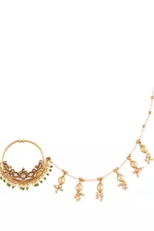 Traditional Ethnic Bridal Nose Ring Nath without piercing with Pearl Chain Encased with Pearl  
