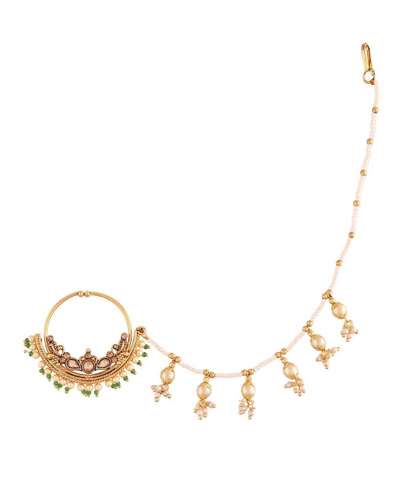 Traditional Ethnic Bridal Nose Ring Nath without piercing with Pearl Chain Encased with Pearl  