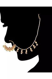 Traditional Ethnic Bridal Nose Ring Nath without piercing with Pearl Chain Encased with Pearl  