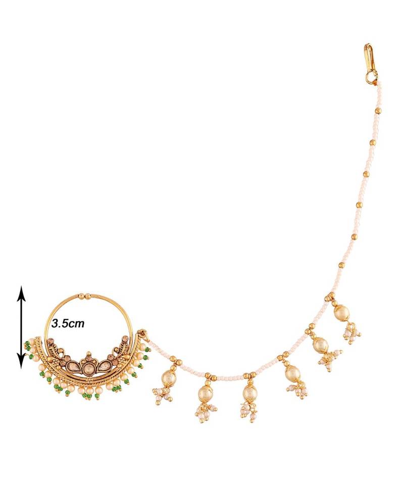 Traditional Ethnic Bridal Nose Ring Nath without piercing with Pearl Chain Encased with Pearl  