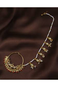 Traditional Ethnic Bridal Nose Ring Nath without piercing with Pearl Chain Encased with Pearl  (NL39R)