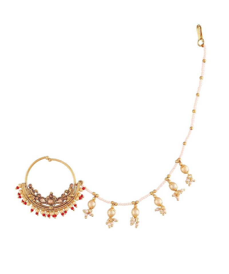 Traditional Ethnic Bridal Nose Ring Nath without piercing with Pearl Chain Encased with Pearl  (NL39R)