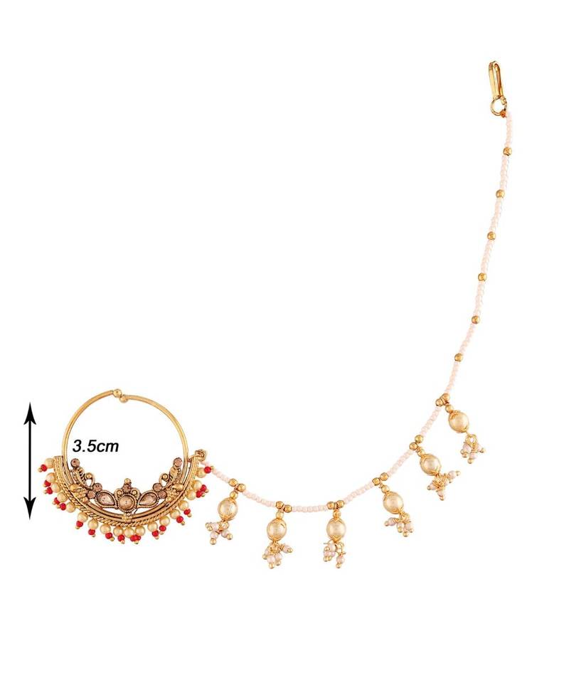 Traditional Ethnic Bridal Nose Ring Nath without piercing with Pearl Chain Encased with Pearl  (NL39R)