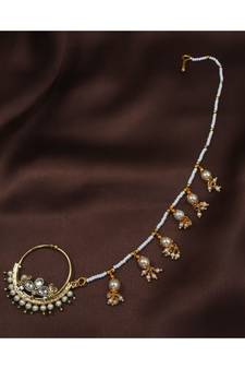 Traditional Ethnic Bridal Nose Ring Nath without piercing with Pearl Chain Encased with Pearl  (NL40G)
