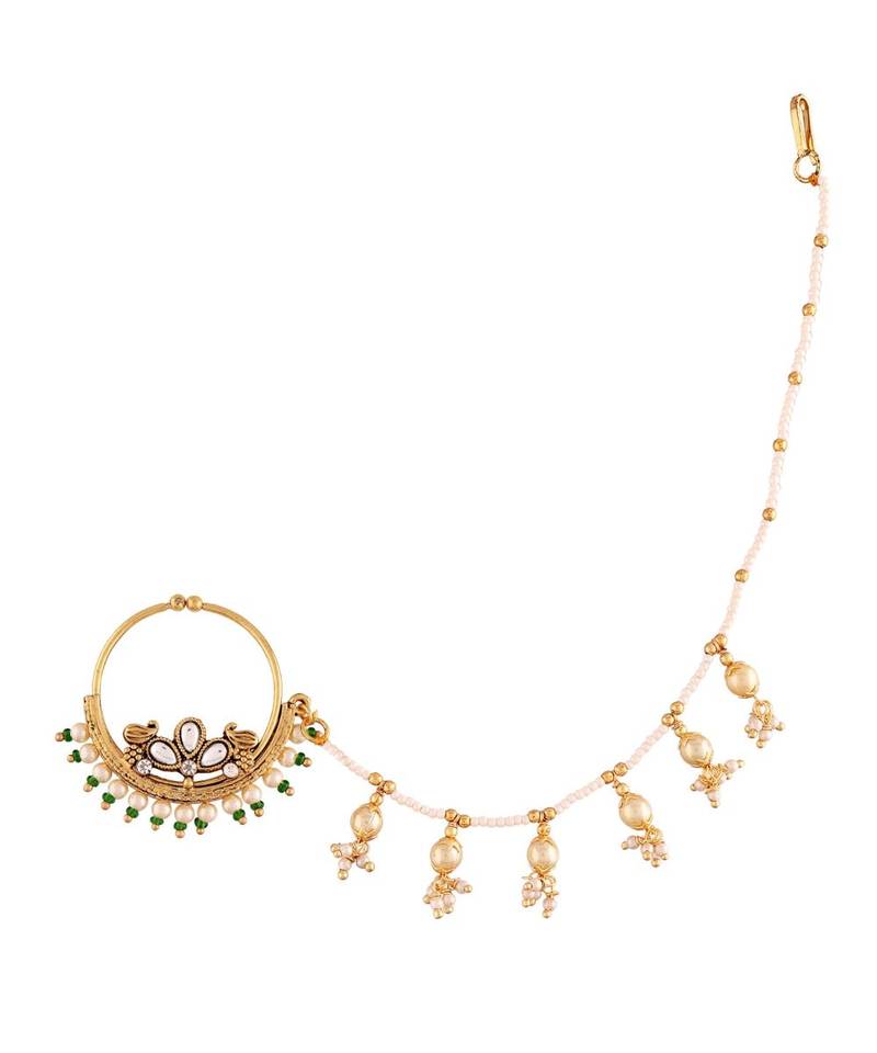 Traditional Ethnic Bridal Nose Ring Nath without piercing with Pearl Chain Encased with Pearl  