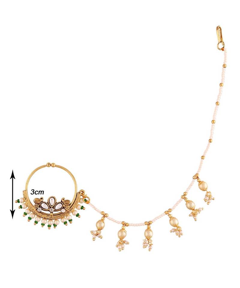 Traditional Ethnic Bridal Nose Ring Nath without piercing with Pearl Chain Encased with Pearl  