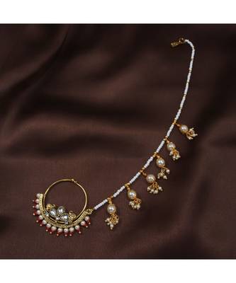 Traditional Ethnic Bridal Nose Ring Nath without piercing with Pearl Chain Encased with Pearl   1