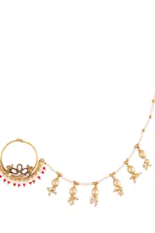 Traditional Ethnic Bridal Nose Ring Nath without piercing with Pearl Chain Encased with Pearl  