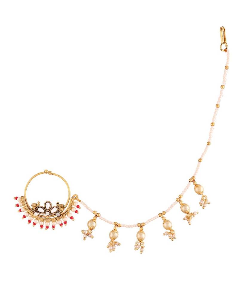 Traditional Ethnic Bridal Nose Ring Nath without piercing with Pearl Chain Encased with Pearl  