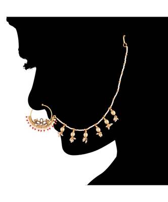 Traditional Ethnic Bridal Nose Ring Nath without piercing with Pearl Chain Encased with Pearl   3