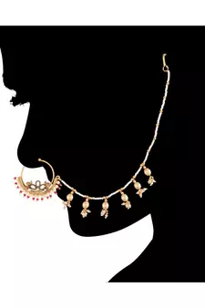 Traditional Ethnic Bridal Nose Ring Nath without piercing with Pearl Chain Encased with Pearl  