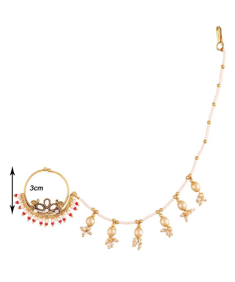 Traditional Ethnic Bridal Nose Ring Nath without piercing with Pearl Chain Encased with Pearl  