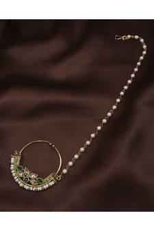 Traditional Ethnic Bridal Nose Ring Nath without piercing with Pearl Chain Encased with Pearl  (NL41G)