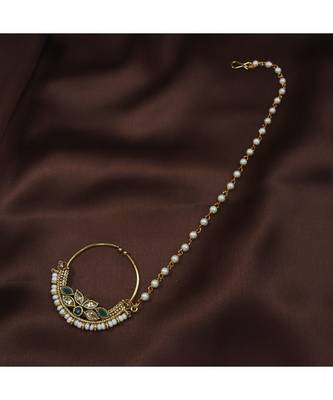 Traditional Ethnic Bridal Nose Ring Nath without piercing with Pearl Chain Encased with Pearl  (NL41G) 1
