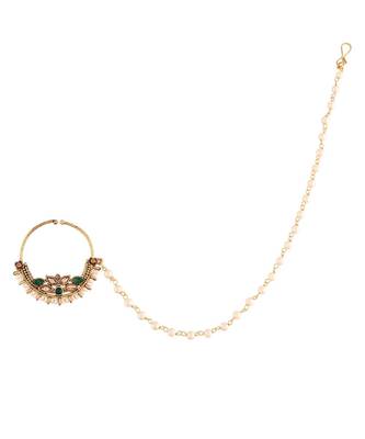 Traditional Ethnic Bridal Nose Ring Nath without piercing with Pearl Chain Encased with Pearl  (NL41G) 2