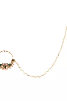 Traditional Ethnic Bridal Nose Ring Nath without piercing with Pearl Chain Encased with Pearl  (NL41G)
