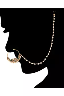 Traditional Ethnic Bridal Nose Ring Nath without piercing with Pearl Chain Encased with Pearl  (NL41G)