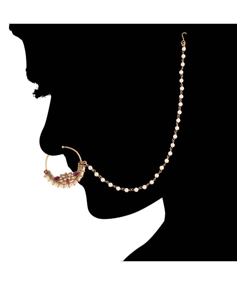 Traditional Ethnic Bridal Nose Ring Nath without piercing with Pearl Chain Encased with Pearl  (NL41Q)