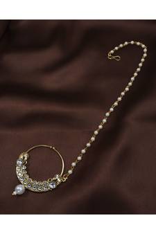 Gold Plated Traditional Ethnic Bridal Nose Ring Nath without piercing with Pearl Chain Encased with Pearl  (NL42W)
