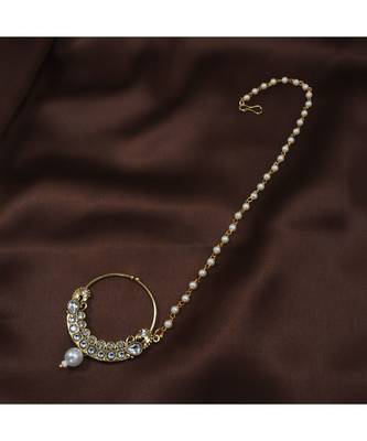 Gold Plated Traditional Ethnic Bridal Nose Ring Nath without piercing with Pearl Chain Encased with Pearl   1