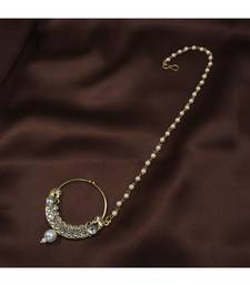 Gold Plated Traditional Ethnic Bridal Nose Ring Nath without piercing with Pearl Chain Encased with Pearl  