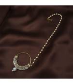Gold Plated Traditional Ethnic Bridal Nose Ring Nath without piercing with Pearl Chain Encased with Pearl  