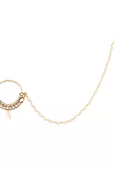 Gold Plated Traditional Ethnic Bridal Nose Ring Nath without piercing with Pearl Chain Encased with Pearl  